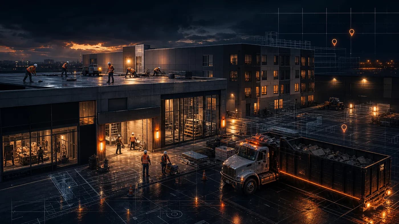 Commercial property response scene with roofing crews, tradespeople, renovation work, service truck, and roll-off dumpster